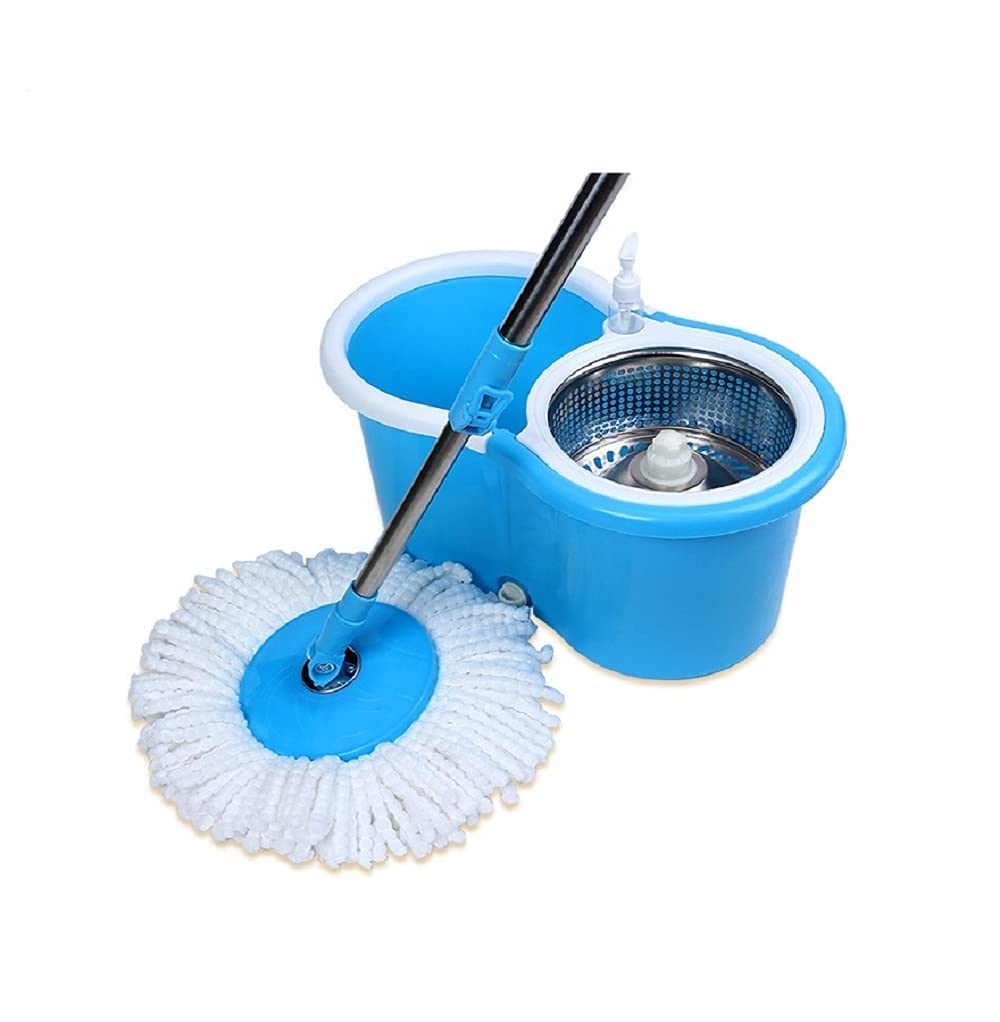 VIO Spin Mop Bucket | 360 Degree Floor Cleaning with Stainless Steel Wringer | 2 Refill Mop Heads | Heavy Duty Plastic Basket (Blue)
