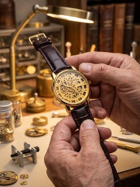 Image of Men's Skeleton Automatic Mechanical Watch - Gold Transparent Dial with Roman Numerals & Brown Crocodile Leather Strap Wrist Watch for Men