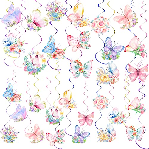 60 Pieces Butterfly Hanging Swirl Party Decor,Spring Flower Watercolor Purple Pink Butterfly Hanging Ceiling Swirl for Girls Baby Shower Birthday Summer Themed Wedding Party Supplies Decor of 30 Set