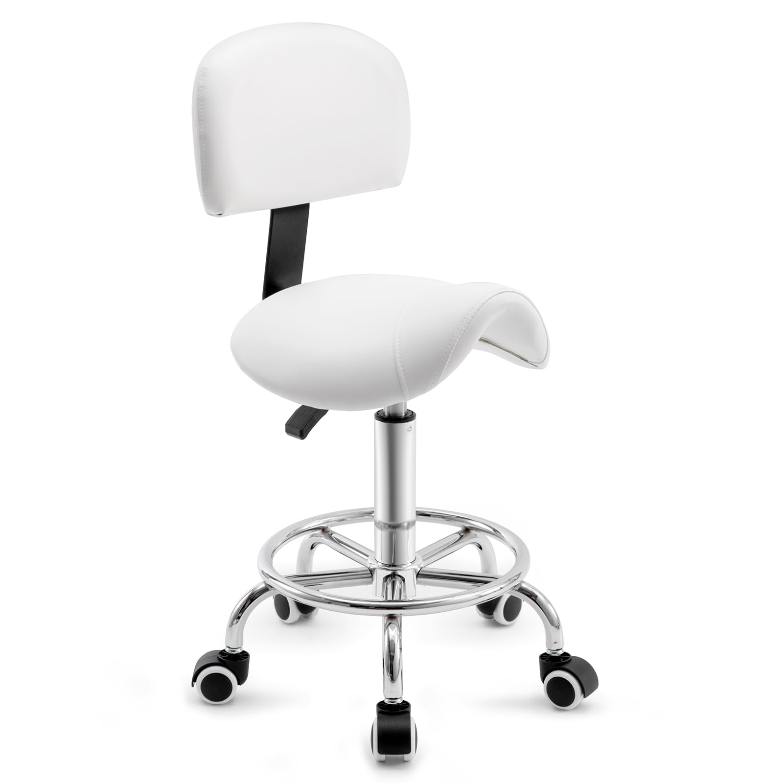 Sattelhocker mit Lehne – 360° drehbarer Hocker mit Rollen und verstellbarer Fußstütze | Sattelhocker mit Rollen höhenverstellbar 49-61 cm | Ideal für Büro, Salon und Kosmetik als Rollhocker (Weiß)