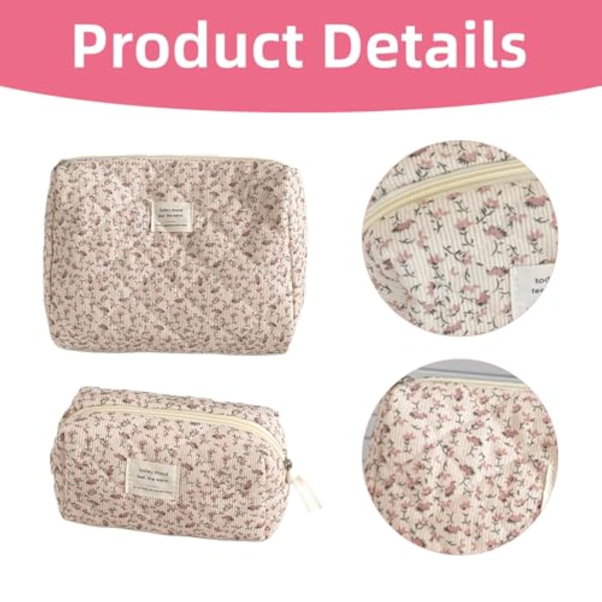 2 Pcs Small Cosmetic Bag, Rose Floral Canvas Makeup Bag
