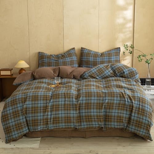 Image of LifeTB Vintage Buffalo Plaid Comforter Set King, Modern Style Blue & Brown Grid Bed Comforter with 2 Pillowcases, 3 Pieces Soft Fluffy Checkered Pattern Comforter Farmhouse Gingham Plaid Bedding Set