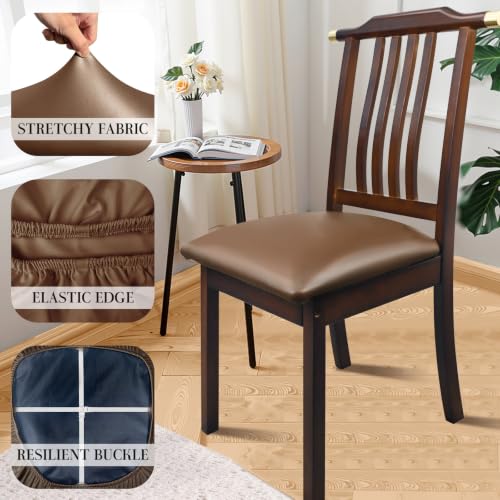 Image of Pu Leather Dining Chair Seat Covers Set of 6, Waterproof Dining Seat Covers Stretch Chair Covers for Dining Chairs /Kitchen Room /Hotel, Odorless Seat Covers for Kitchen Chairs (Light Brown- 4 PCS)