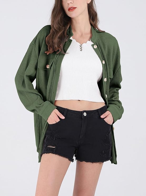 utcoco Women's Casual Waffle Knit Shacket Jacket Loose Fit Long Sleeve Button Down Shirt Shacket Top - Image 4