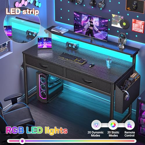 Image of DurayLoly Gaming Desk with LED Lights & 2 Fabric Drawers, 39.4Inch Home Office Computer Desk with Side Pocket & Ergonomic Monitor Stand, Small Space Study Writing Table with Anti-Tip Design,Black