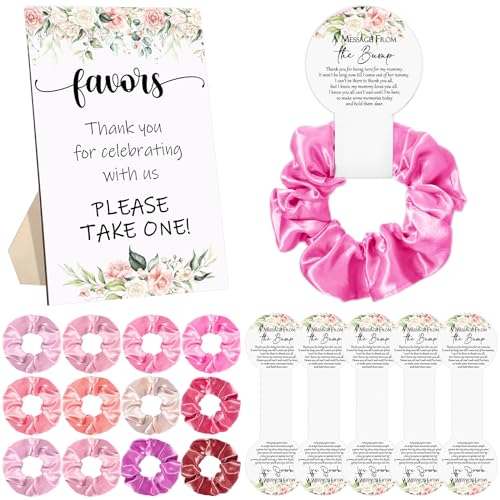 Yinkin 50 Sets Baby Shower Favors 1 Floral Theme Wooden Baby Shower Sign 50 Pink Hair Scrunchies Hair Ties with a Message from the Bump Cards Gender Reveal Gift Celebrating Supplies