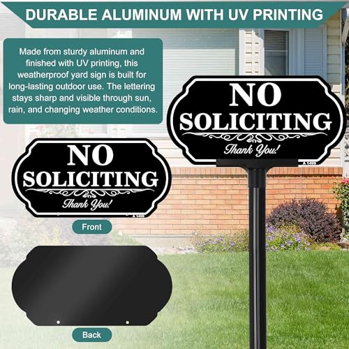 Image of No Soliciting Sign for House, 10 x 5 Inch Aluminum No Soliciting Yard Sign with 37 Inch Adjustable Plastic Stake, Weatherproof Outdoor No Solicitors Sign for Front Yard, Doorway, Lawn, Home