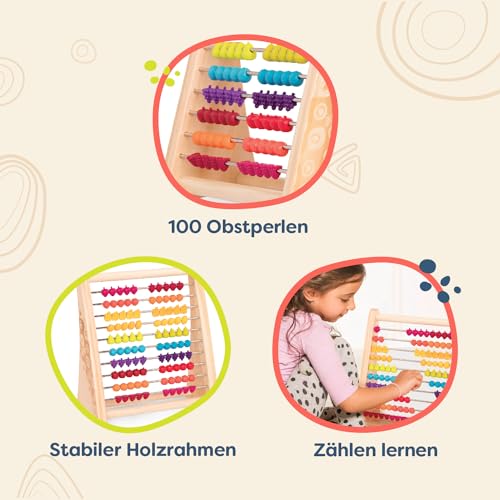 B. toys – Rechenschieber aus Holz für Kinder – Klassischer Abakus mit 100 Perlen – Grundschule Lernspielzeug für Addition,Subtraktion – Rechenrahmen – Spielzeug ab 18 Monaten – Two-Ty Fruity!