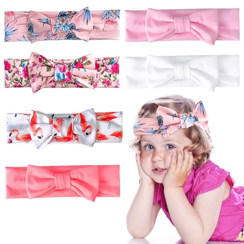 LUFFLOK 6 Piezas Diademas de Bebé para Niña, Diademas Elásticas con Lazo Rosa, Imprimir Flexibilidad Suave Bandas para Niña Bebé, Seis Estilo de Accesorios para Elcabello