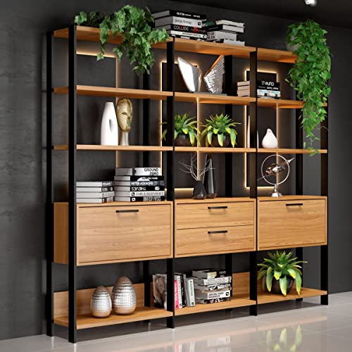 Estante Elegante 3 Torres com 1 Gaveteiro e 2 Porta 2,16 MT (LARG) cor Freijo com Preto Fosco - 5283