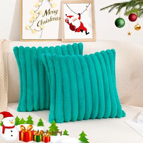 Uhomy Pack of 2 Faux Fur Home Decorative Throw Pillow Cover Luxury Super Soft Fuzzy Striped Furry Pillowcase for Sofa Couch Bedroom Comfy Thick Fluffy Plush Cushion Cover 18x18 Inch Turquoise 45 cm Cover