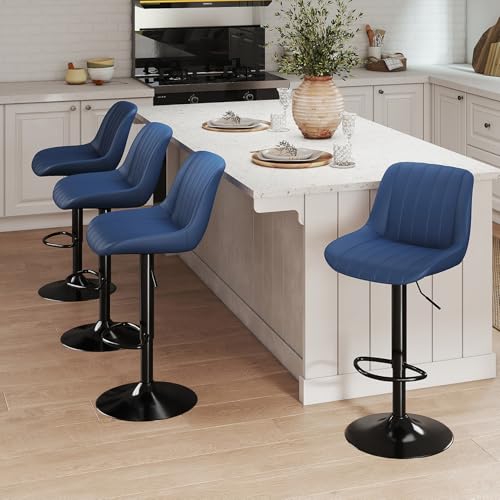 Image of Youhauchair Adjustable Faux Leather Bar Stools Set of 2, Blue | Swivel, Counter Height, Back & Footrest, Armless, PU, Modern, Kitchen Island Stool, Upholstered Dining Room Chair