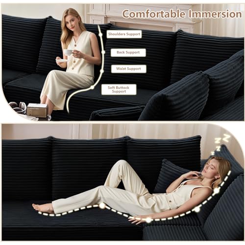 Image of Oversized Modular Sectional Sofa Couch, Large 6 Seater Corner Sofa Modern U Shaped Sectional Couch Cloud Couches for Living Room, Office, Spacious Space, Corduroy, No Assembly Required, Black