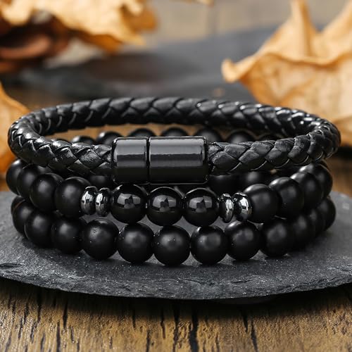 3PCS Summer Cold Bracelets for Women Men, Cold Stone Beaded Bracelets for Women, Layered Leather Bracelet for Men, Personalized Halloween, Christmas, Birthday Gifts, Summer Jewelry