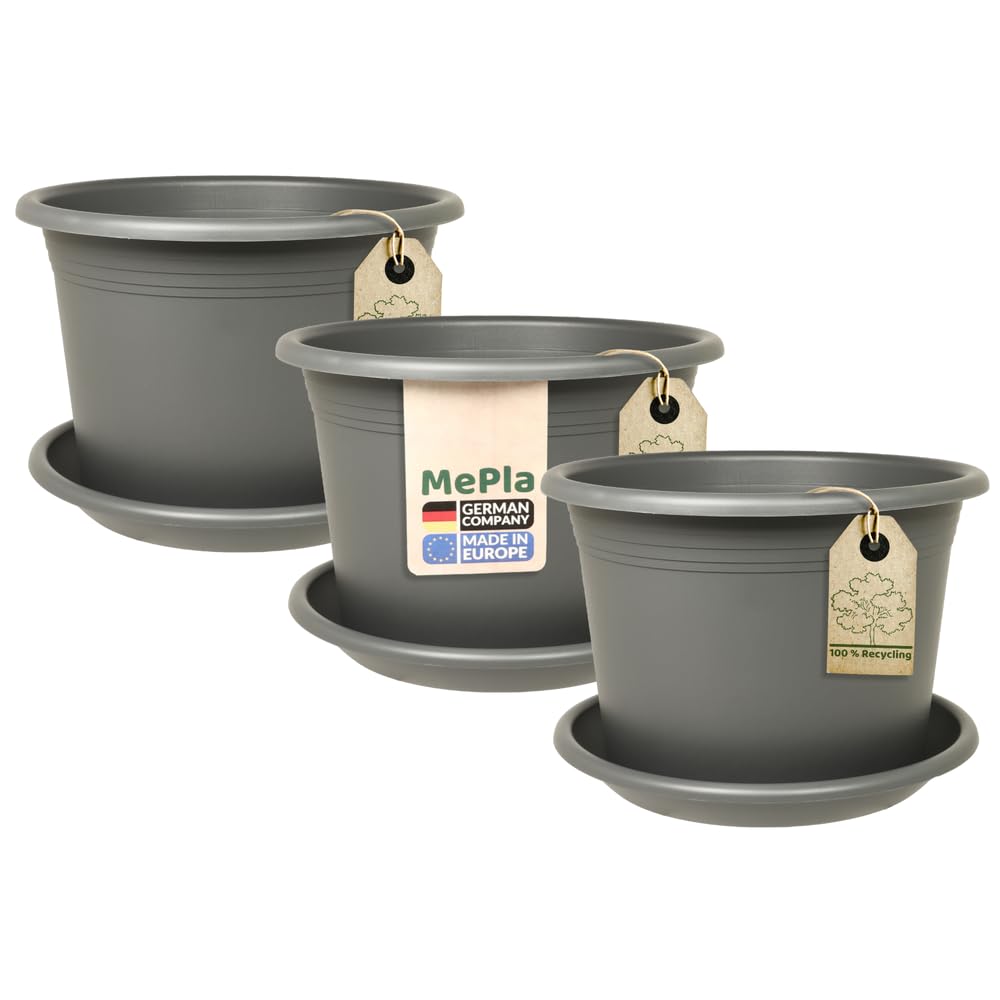 MePla 3 x Set Blumentopf Cylindro ø60cm + Untersetzer ø58cm Anthrazit, wetterfest aus UV-beständigem Kunststoff