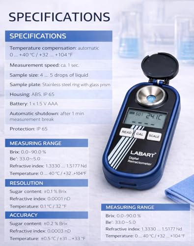 Image of LABART Digital Refractometer for Sugar, Honey and High Brix value Content Brix 0~90% /R.I. /Temp with Certificate