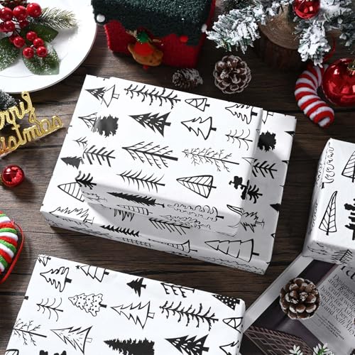 Bolsome 100 Sheets 20 * 14 Inches Christmas Tissue Paper for Gift Wrapping Black White Christmas Tree Printed Tissue Paper for Gift Bags for Winter Holidays Xmas Party DIY Craft