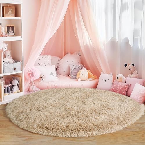 Image of Shaggy Round Area Rug - Soft Plush Circle Solid Color Carpet for Living Room, Bedroom, Kids Room - Fluffy Fuzzy Floor Mat for Home Decor (Beige, 4x4 feet, Round)