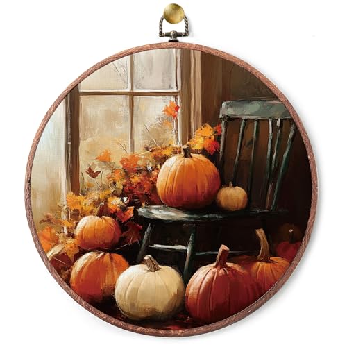 Décoration murale ronde rétro Thanksgiving citrouille d'automne encadrée pour ferme 25cm