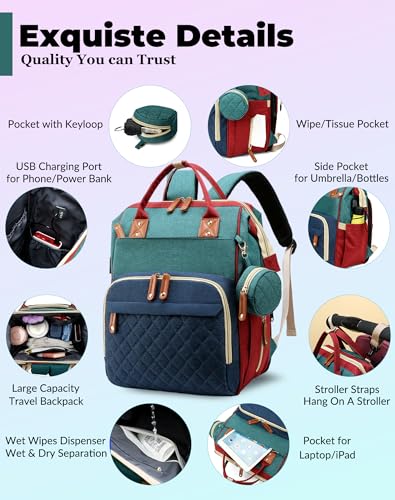 Image of Diaper Bag with Changing Station, Baby Backpack with Foldable Changing Pad | Baby essentials,Waterproof Large Backpack for Mom & Dad, USB Charging Port,Baby Gifts for Mom Dad Girl Boy, Red-Green-Blue