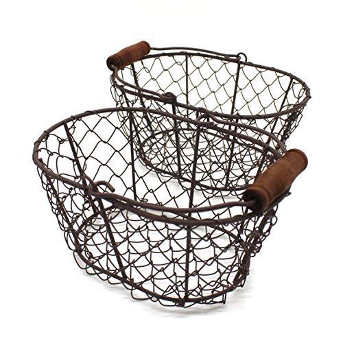 CVHOMEDECO. Cestas pequeñas de metal para huevos, cestas de madera con mango de madera, estilo rústico, estilo vintage, juego de 2