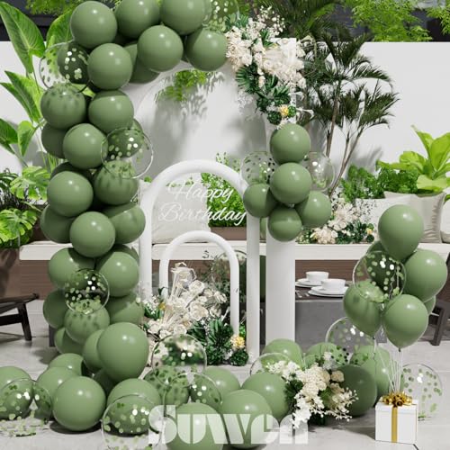 Image of SUWEN Sage Green and Confetti Balloons Set 47PCS Olive Green Latex | Helium Balloon for Birthday Anniversary Party Decorations