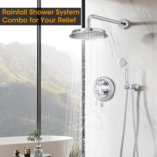 Image of Chrome Rain Shower Heads with Handheld Spray Combo, Rain Shower System with Balance Pressure Valve, 9 inch Bathroom Luxury Rain Fall Shower Head with Antique Handshower Wall Mount, (B2312-CP)