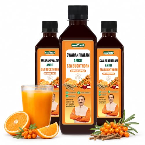 Image of Jeena Sikho Swaranfalam Amrit Sea Buckthorn Berry Pulp /Juice Orange Flavour | Natural Vitamin C, Rich Omega 3 6 7 9, | Ayurvedic Immunity Juice | With Mango & Ashwagandha | Antioxidants For Immunity, Skin Glow & Gut Health, 500 ml, Pack of 3