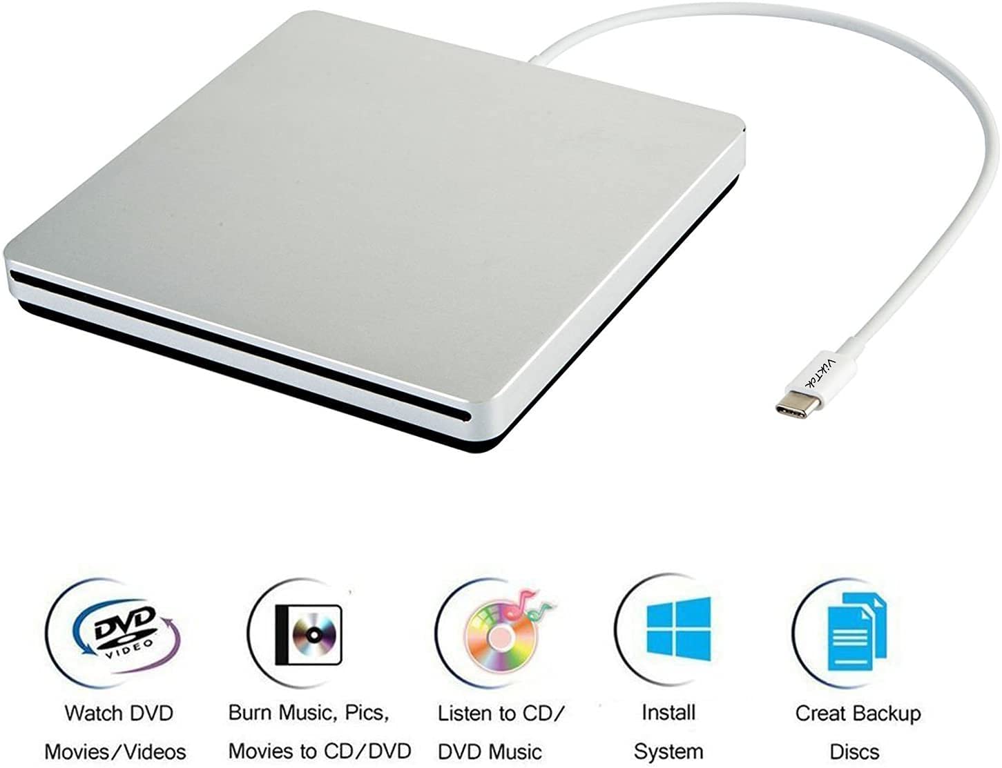 VikTck USB-C Superdrive External DVD/CD Drive for Laptop,USB3.0/Type-C CD/DVD Burner External DVD Drive Portable DVD Player for Laptop Desktop PC Apple Mac Windows 11/10/8/7/XP Linux OS