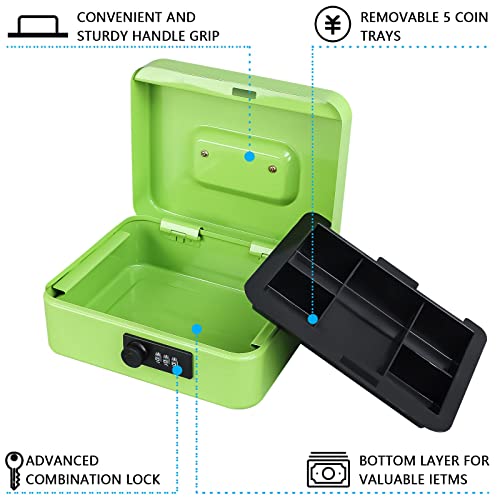 Image of KYODOLED Cash Box with Combination Lock,Safe Metal Box for Money,Storage Lock Box with Money Tray,7.87 inchx 6.30 inchx 3.54 inch Limegreen Medium