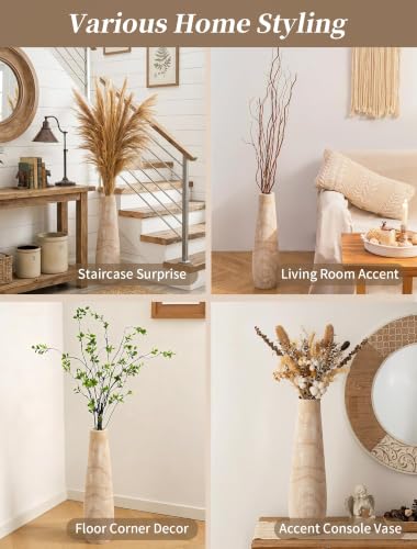 Image of Hanobe Tall Wood Floor Vase for Pampas Grass, 22 in, Boho Beige