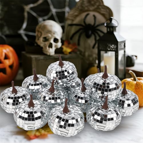 Image of winemana 12 Pack Silver Pumpkin Fall Decor | Foam Glitter, Mini Disco Pumpkins for Decorating, Artificial Crafts for Table Party, Halloween Thanksgiving Decorations