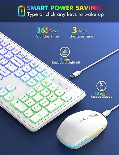 Image of Wireless Keyboard and Mouse - RGB Backlit, Rechargeable & Light Up Letters, Full-Size, Ergonomic Tilt Angle, Sleep Mode, 2.4GHz Quiet Keyboard Mouse for Mac, Windows, Laptop, PC, Trueque(White)