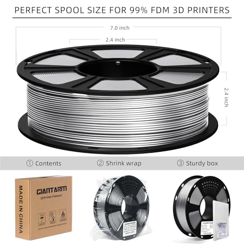 Image of GIANTARM PETG Filament 1.75mm 1Kg(2.2lb), Metallic Silver Filament PETG for 3D Printer, ±0.02mm Accuracy, High Precision, Strong Toughness, Neatly Wound & Moistureproof, Metal Silver
