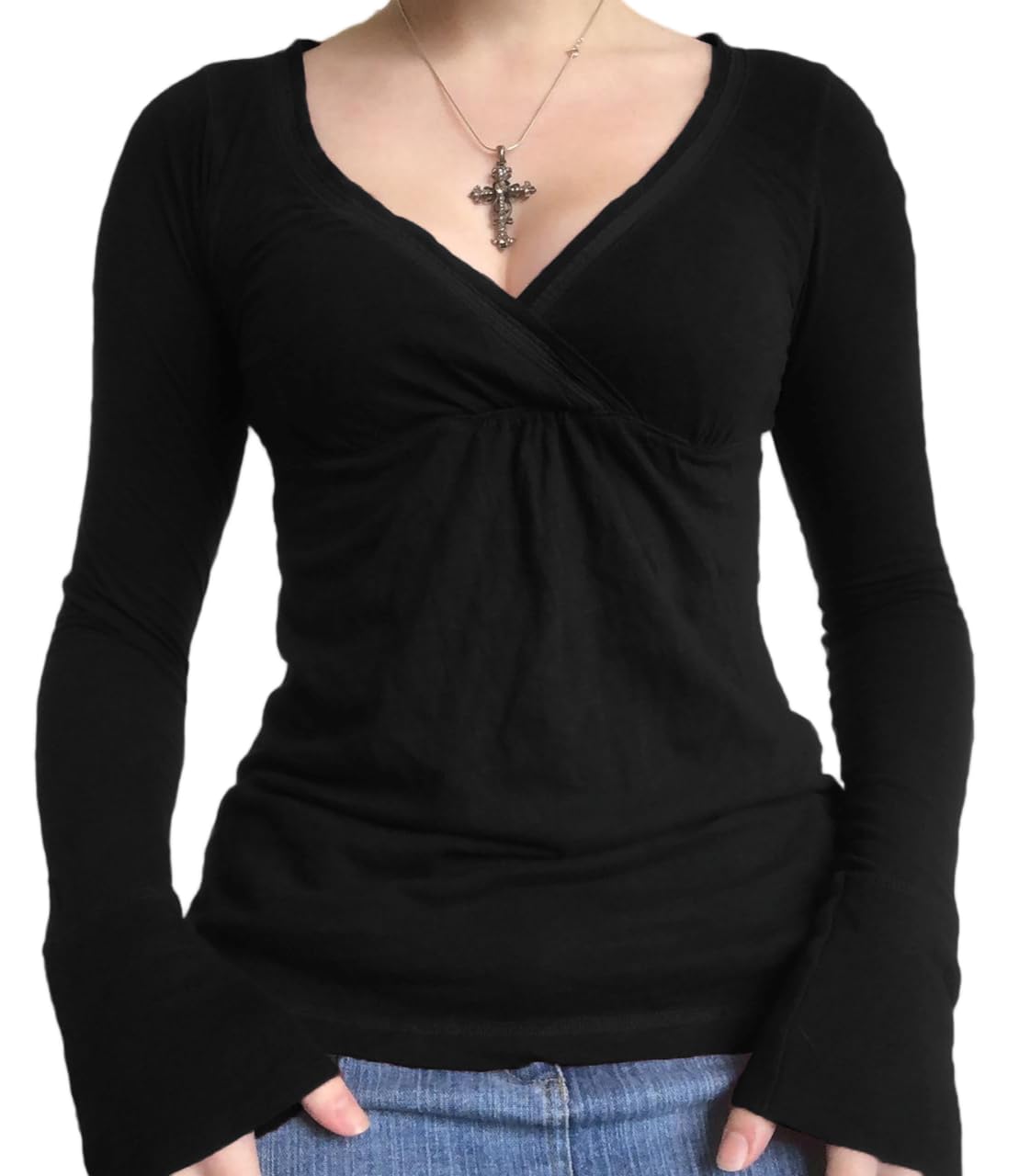 Eimmao Women Babydoll Long Sleeve Top Y2K V Neck Shirts Black XL โ image 1