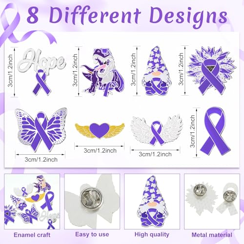 Image of 24 Pcs Purple Ribbon Awareness Pins Accessories Domestic Violence Items Epilepsy Awareness Hope Butterfly Accessories Gifts Bulk for Lupus Epilepsy Pancreatic Cancer Alzheimers Charity Party Supplies