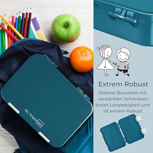 My Vesperbox – Len - Bento Box Kinder - Lunchbox mit 4+2 Fächern - extrem robust – Brotdose – Brotbox ideal für Kindergarten und Schule… (Petrol)