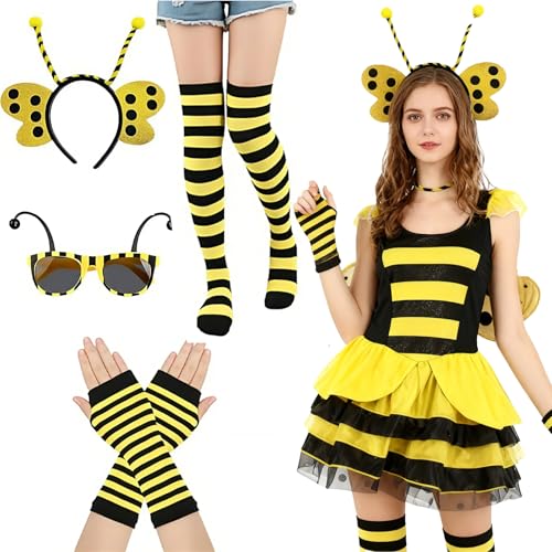 Eowppue Disfarce de abelha para adultos: conjunto completo com diadema de abelha, óculos de sol com antenas, luvas sem dedos e meias às riscas, ideal para festas temáticas, carnaval e Halloween