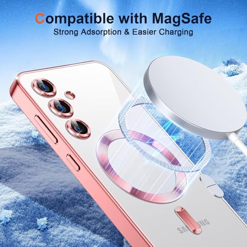 Image of VONZEE Clear Logo Electroplating Transparent Case for Samsung S25 FE 5G, Magnetic Plating [Support for MagSafe Charger] Electroplate TPU Cover, Individual Camera Protection for Each Lens - Rose Gold