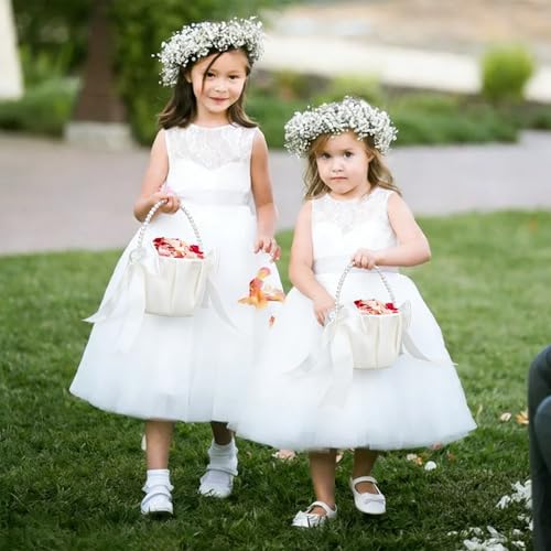 image for Lebsitey 4PCS Flower Girl Basket for Wedding, Pearl Handle White Satin