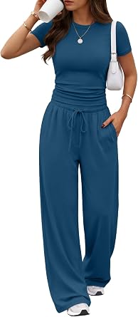 Trendy Queen Womens 2 Piece Matching Summer Lounge Set with Pockets | Vacation Airport Travel Outfits, Workout Gym Clothing Comfy Athleisure Clothes, Side-ruched Top, Drawstring Wide Leg Pants