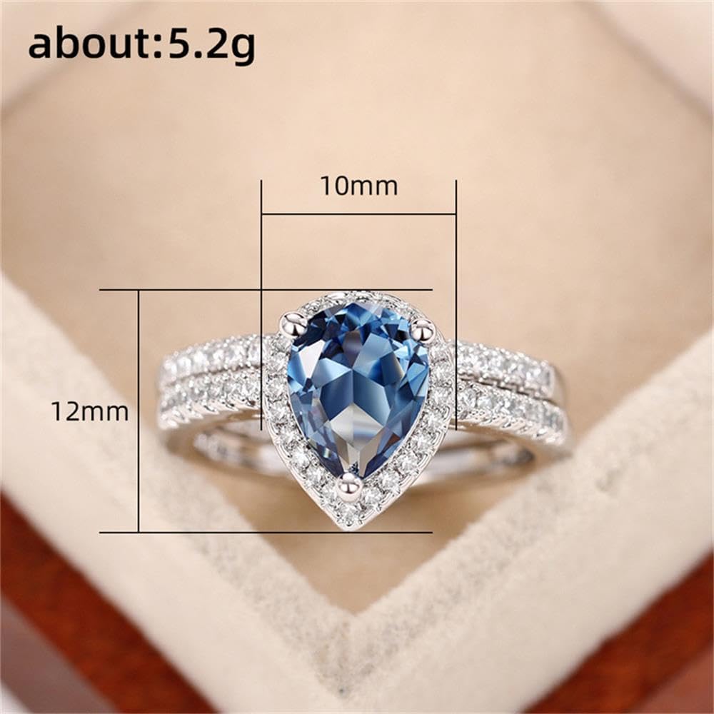 RKKOJJO 925 Sterling Silver Blue Cubic Zirconia Stacking Ring Pear Diamond Ring Engagement Ring Wedding Band Rings for Women - Image 7