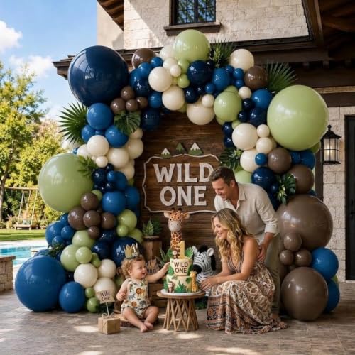 Image of Green Blue Balloon Garland Double Stuffed Sage Brown White Sand Balloons | Dusty Green Denim Blue Ivory Balloon Arch for Dinosaur Baby Shower Wild One Birthday Woodland Bear Party Decorations