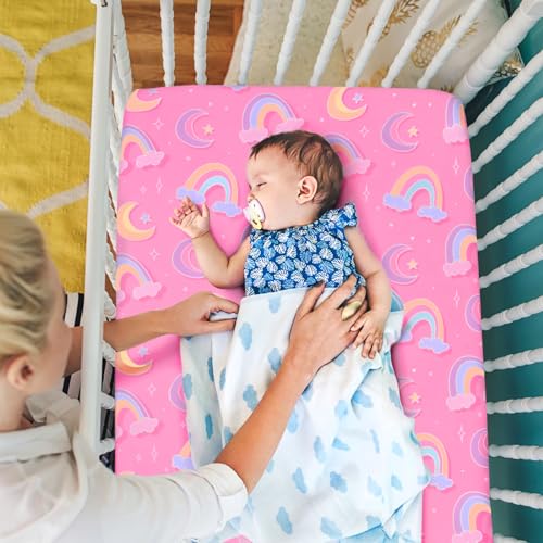 Image of JISEN Baby Crib Sheets Soft Breathable Pink Rainbows Fitted Crib Sheets Baby Sheet for Standard Crib and Toddler Mattress Baby Bed Sheets for Crib for Baby Boys Girls Neutral 52x28 Inch