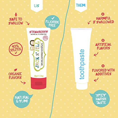 Image of Jack N' Jill Natural Kids Toothpaste - Bubble Gum & Berries & Cream - Organic, Gluten Free, Vegan, BPA Free, Fluoride Free, SLS Free, Dairy Free - Make Toothbrushing Fun for Kids - 1.76 oz (Pack of 2) | Fluoride Free Kids & Toddlers Toothpaste, Gently Cleans Teeth, Helps Soothe Gums, 40% Xylitol, No Artificial Dyes