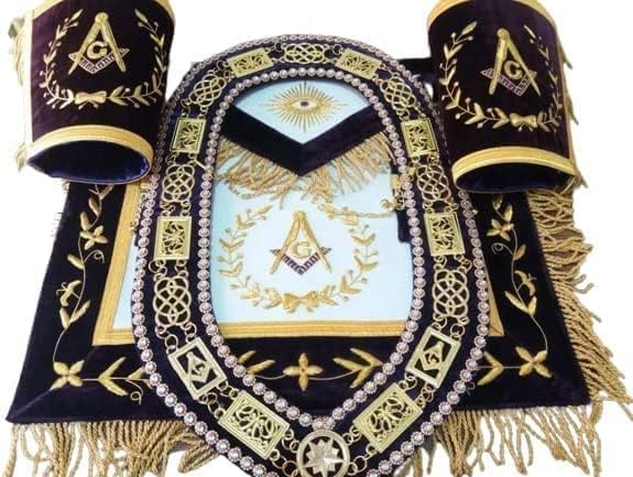 Masonic Regalia Free Mason Grand Lodge Master Mason Purple Apron, Golden Chain Velvet Back Chain Collar with Purple Cuff Hand Embroidered