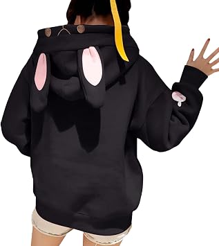 Women Cute Hoodies Aesthetic Rabbit Ears Top Hoodie Long Sleeve Blouse Loose Sweatshirt Animal Hoodie Black-06#, M