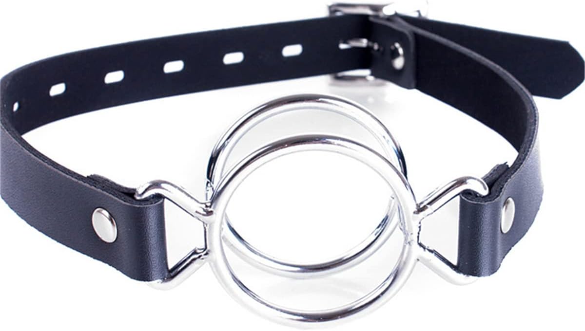 Double Metal Ring Gag Leather Head Harness Restraint Mouth Gags Sex Toys for Couples (Silver)