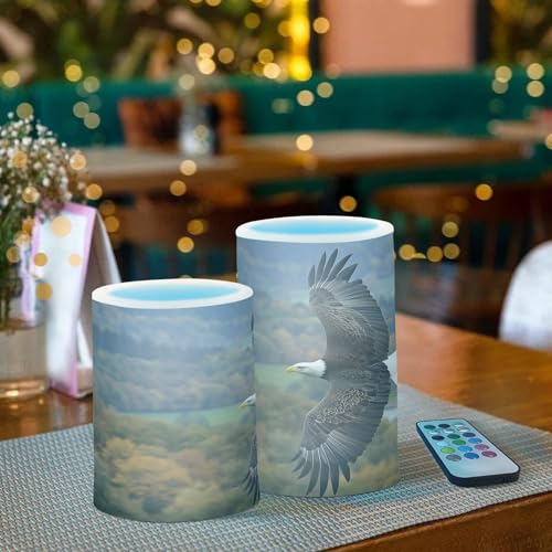 Image of Eagle Fly Sky Forest Flickering Flameless Candles LED Battery Operated with Remote Timer Pillar Candles for Home Birthday Wedding Christmas Decor, Set of 2