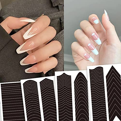 6 Pcs French Manicure Edge Auxiliary Nail Art Stickers Decals Wavy Line V-Shaped Stencils French Manicure Strips 3D Self -Adhesive French Tip Nail Tool For Diy Nail Art Guides Decoration Accessories #TOP5